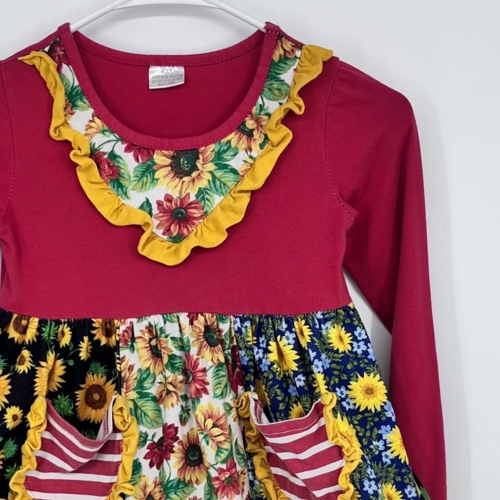 Sunflower Patchwork Dress Kids 3XL Pink Yellow Ruffle Long Sleeve Fall Cottage